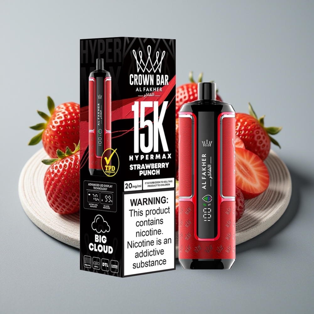 Al Fakher Crown Bar 15K Hypermax Disposable Vape Kit Sabor Morango Punch 22ml 600mAh Tipo-C