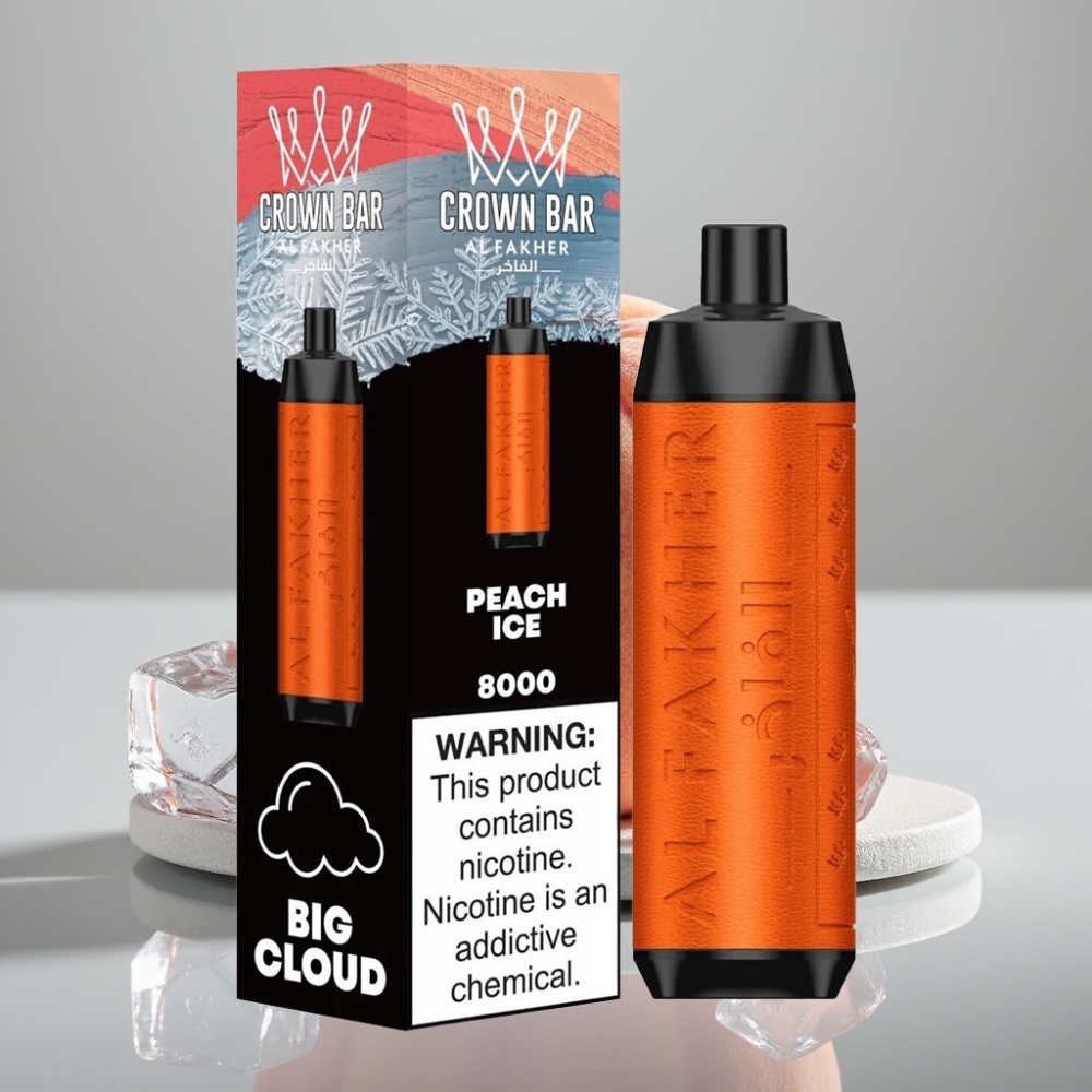 Al Fakher Crown Bar 8000 Crystal Descartável Pêssego Gelo – 18ml, 5mg, USB-C