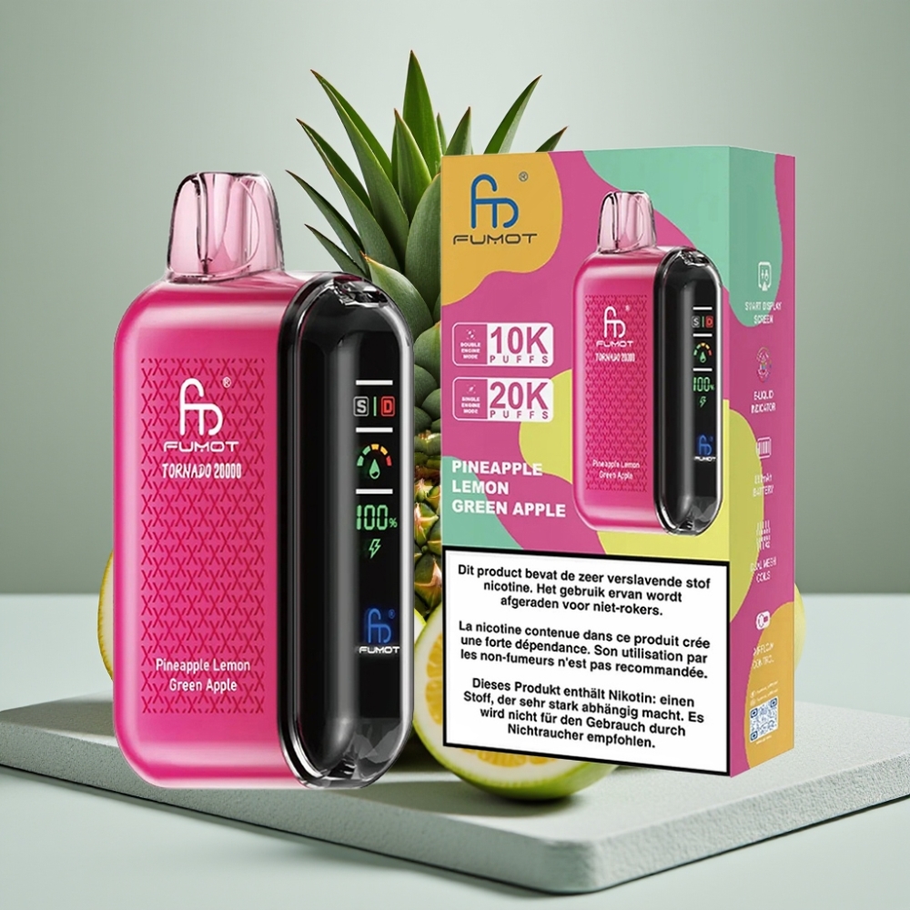 Fumot Tornado 20000 Puffs Dual Mesh 20ml Recarregável Abacaxi Limão Maçã Verde