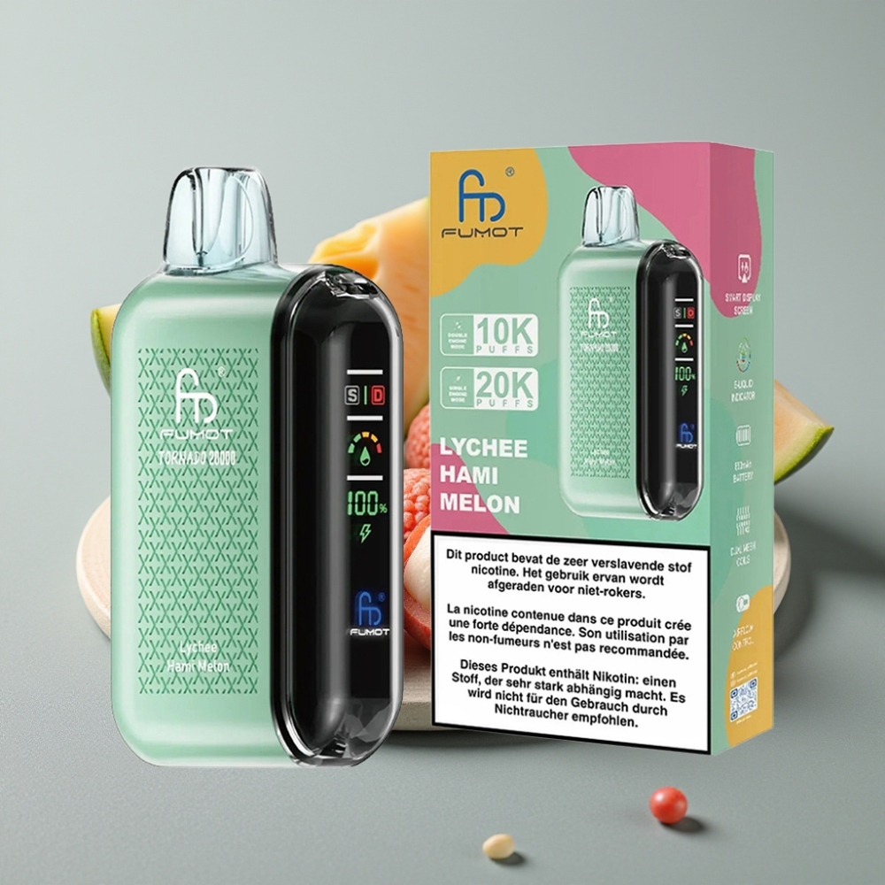 Fumot Tornado 20000 Puffs Recarregável com Sabor Lichia Melão Hami e Tela Inteligente