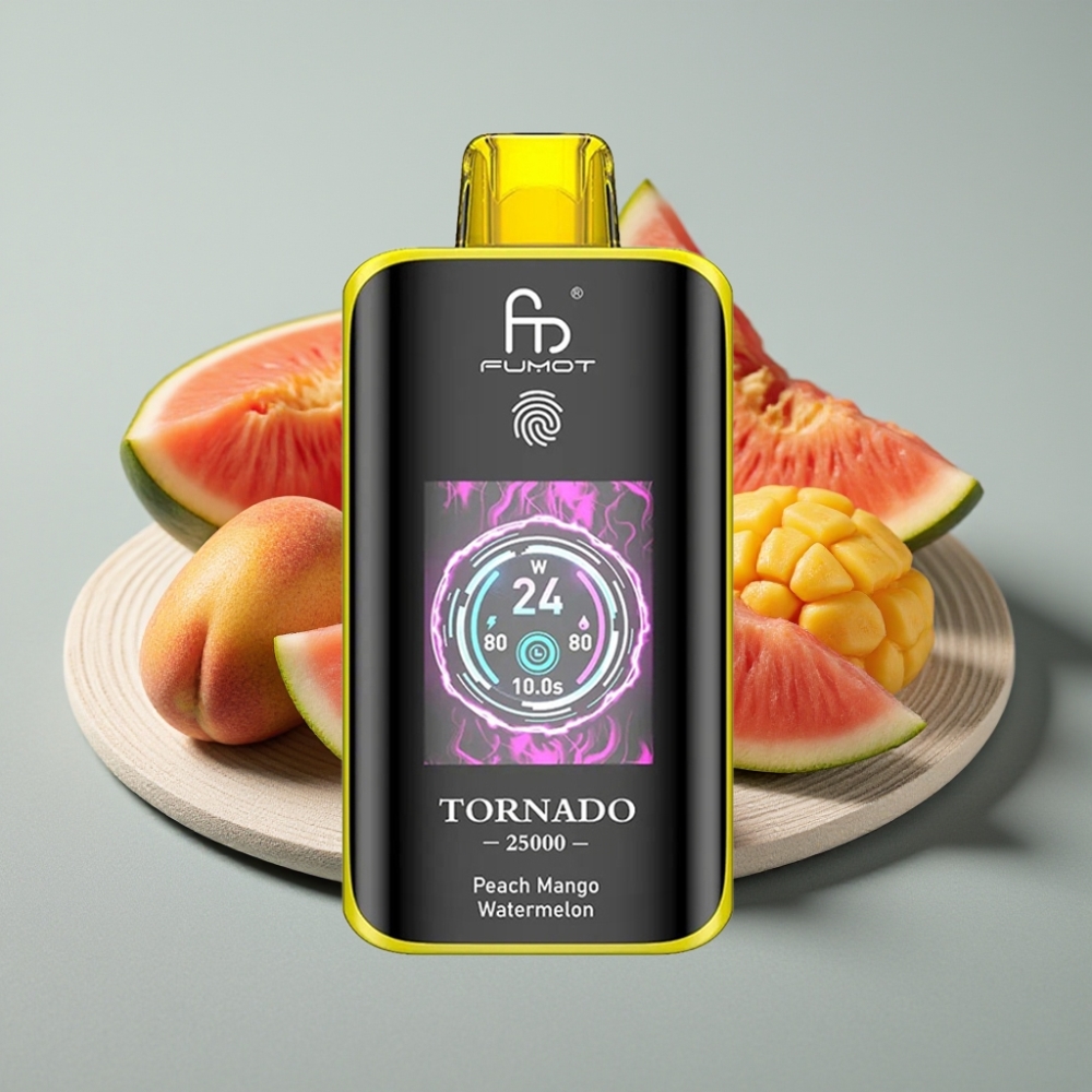 Fumot Tornado 25000 Puffs Recarregável Tela HD Sabor Pêssego Manga Melancia