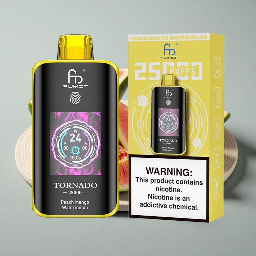 Fumot Tornado 25000 Puffs Recarregável Tela HD Sabor Pêssego Manga Melancia