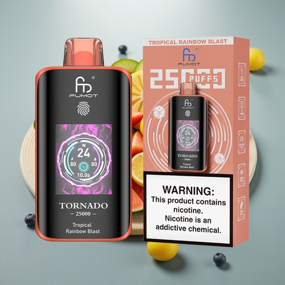 Fumot Tornado 25000 Puffs Tela HD Bateria 700mAh Recarregável Sabor Explosão Tropical do Arco-Íris
