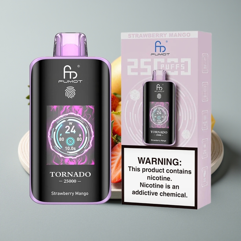 Fumot Tornado 25000 Puffs Tela HD Bateria Recarregável 700mAh Morango Manga