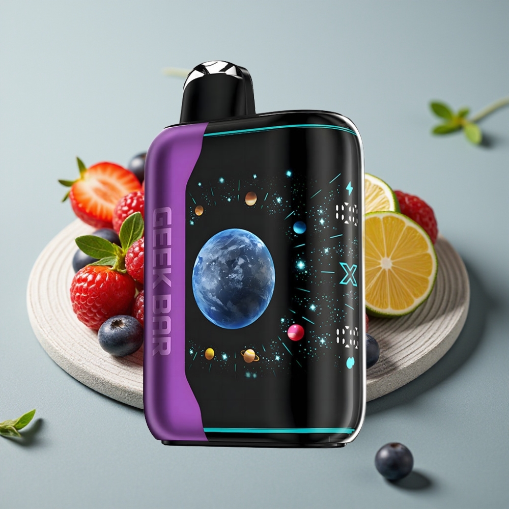 GEEK BAR Platinum Edition 25000 Puffs Tela 3D Curva Carga Rápida USB-C Sabor Frutas Vermelhas Cereja Lima