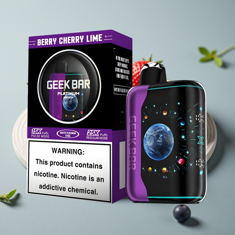 GEEK BAR Platinum Edition 25000 Puffs Tela 3D Curva Carga Rápida USB-C Sabor Frutas Vermelhas Cereja Lima