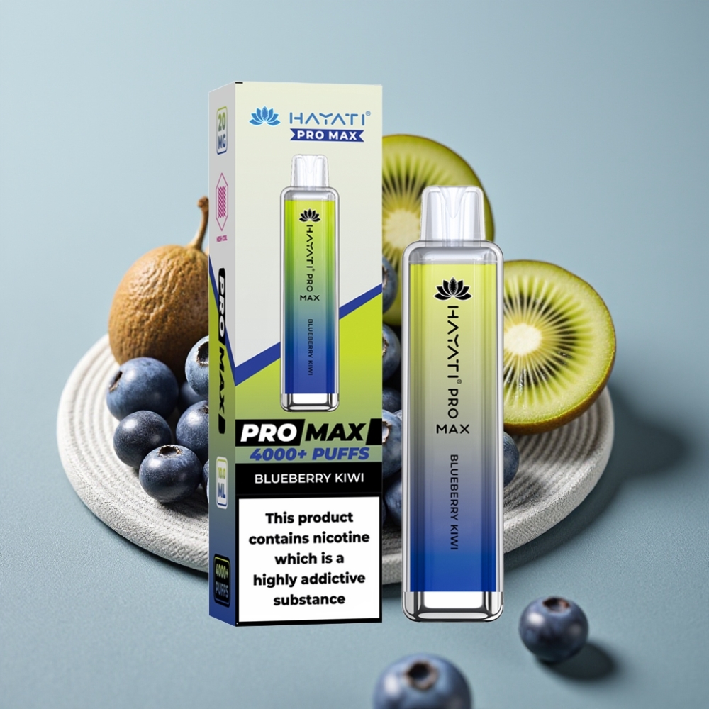 Hayati Pro Max 4000 Puffs Disposable Vape Mirtilo Kiwi Recarregável LED Crystal