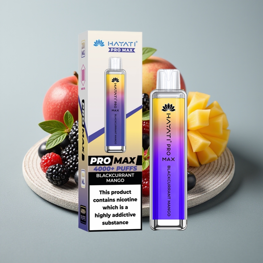 Hayati Pro Max 4000 Puffs Recarregável Sabor Manga Groselha Preta LED 1400mAh
