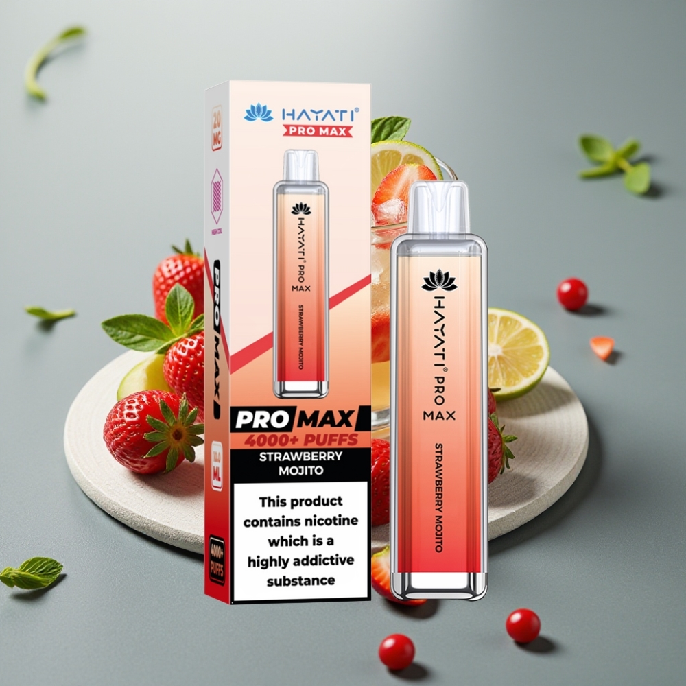 Hayati Pro Max 4000 Puffs Recarregável Sabor Mojito de Morango LED e Crystal
