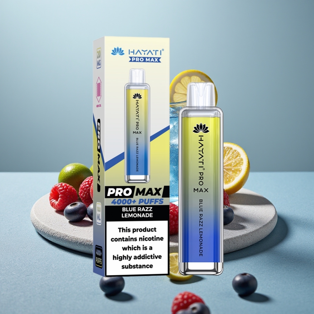 Hayati Pro Max 4000 Puffs Rechargeável LED Sabor Limonada Framboesa Azul