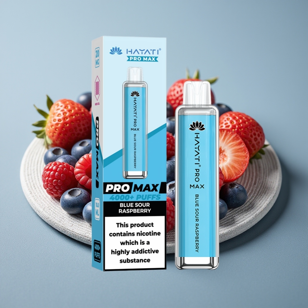 Hayati Pro Max 4000 Puffs Rechargeável Sabor Framboesa Azul Azeda LED TPD