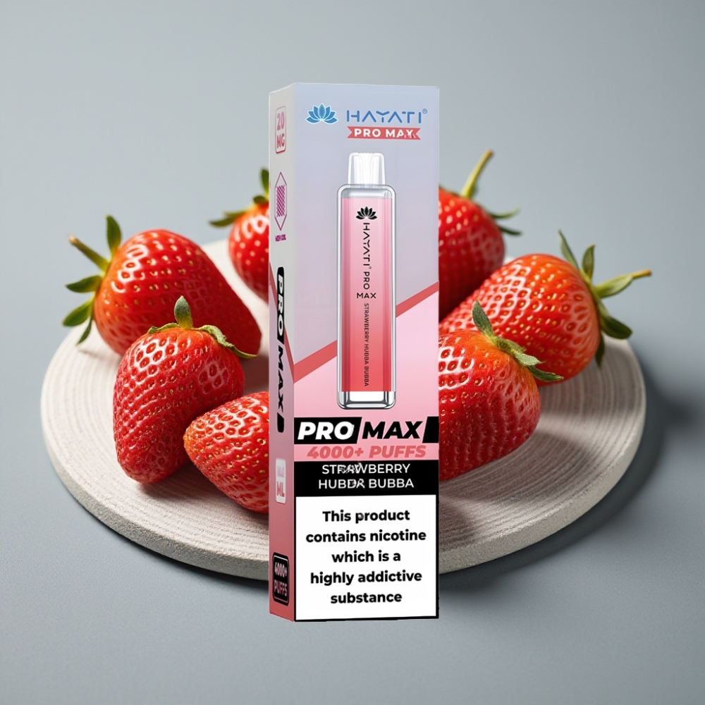 Hayati Pro Max 4000 Puffs Rechargeável com Sabor Morango Hubba Bubba, LED e 1400mAh